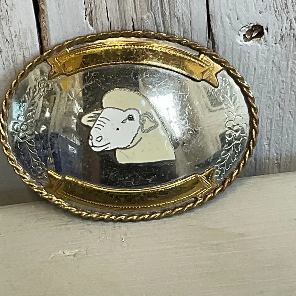 Vintage Sheep Belt Buckle German Silver Shepherd‎ Sheep Herder Western Herding